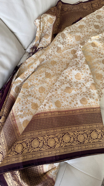 Off White Banarasi Crepe Silk Saree with Deep Purple Border