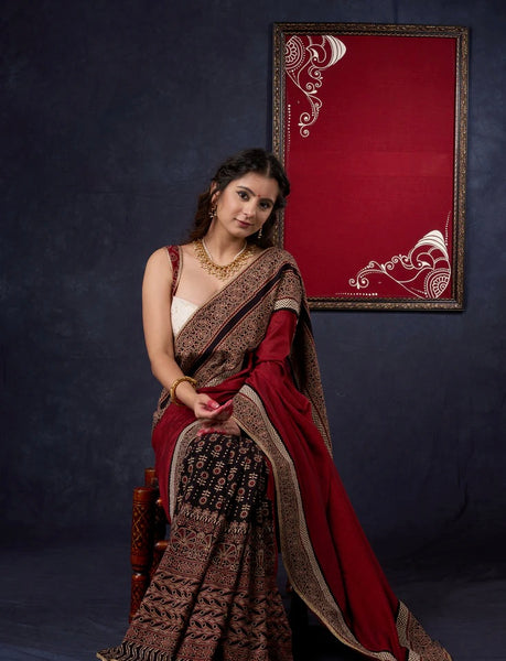 COMBINATION OF BLOCK PRINTED COTTON AJRAKH PLEATS & PURE TASSAR SILK SAREE WITH AJRAKH BORDER