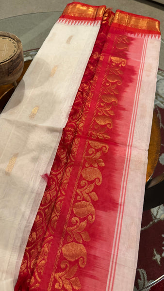 White and Red Cotton Gadwal Saree