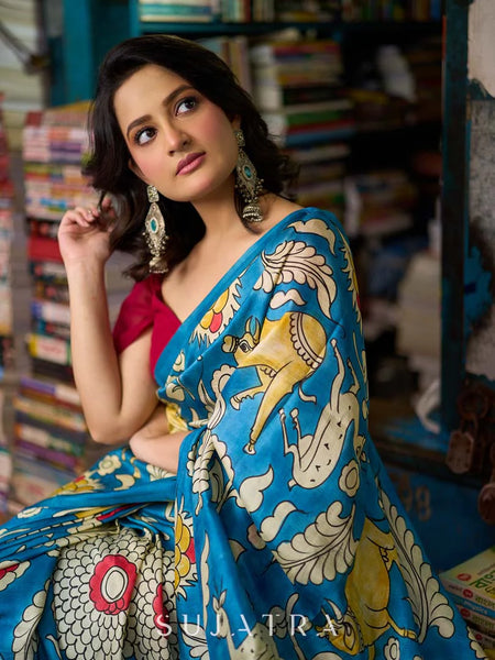 Blue Tussar Silk Saree with Bold Kalamkari Motifs
