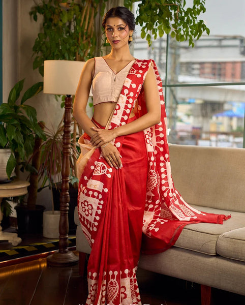 Red Pure Silk Saree with Tan Warli Art Print & Folk Motif Pallu
