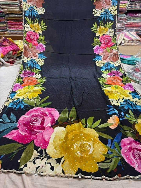 Black Multicolor Crepe digital print with pearl and Katdana borders