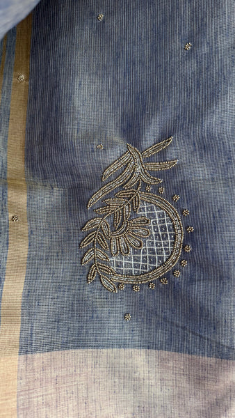 Dual Tone Grey Silver Gold Tone Tissue Linen Saree