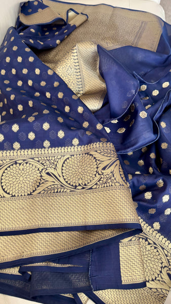 Royal Blue and Gold Handloom Silk Saree with Zari Butta's