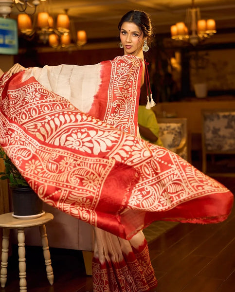 Red & Ivory Batik Saree