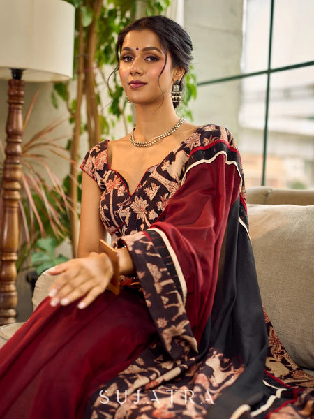 Maroon-Black Dual-Tone Cotton Saree with Kalamkari Border & Pallu