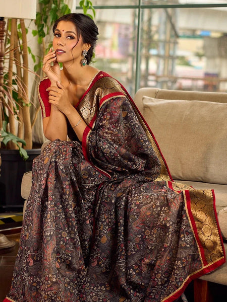 Dark Grey All-Over Kalamkari Floral Chanderi Saree with Gold Woven Zari Border & Maroon Hem Accent