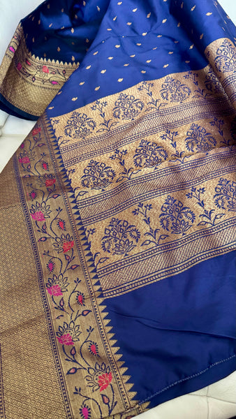 Deep Blue and Gold Handloom Silk Saree with Floral Border
