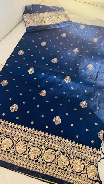 Navy Blue and Gold Pure Tussar Crepe Silk Saree