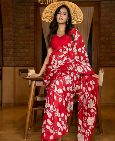 PURE SILK SAREE FEATURING TIMELESS KALAMKARI FLORAL ARTWORK