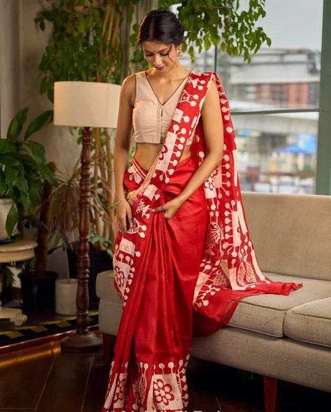 Red Pure Silk Saree with Tan Warli Art Print & Folk Motif Pallu