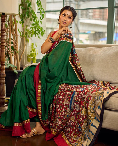 Bottle Green Cotton Saree with Contrast Maroon Border & Hand Painted Pen Kalamkari Pallu