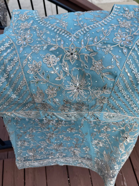 Sky Blue and Silver Embroidered Net Lehenga
