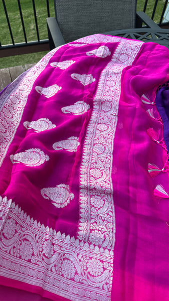 Purple and Hot Pink  Pure Handwoven Khaddi Banarasi Chiffon Georgette Saree