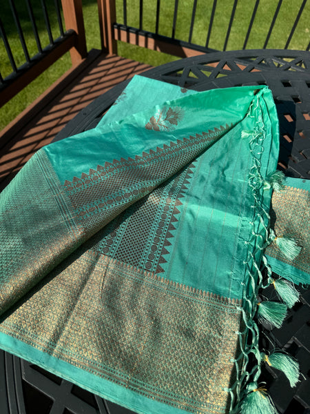 Pistachio Mint Green Soft Banarasi Pattu Katan Silk Saree with Golden Zari weaves