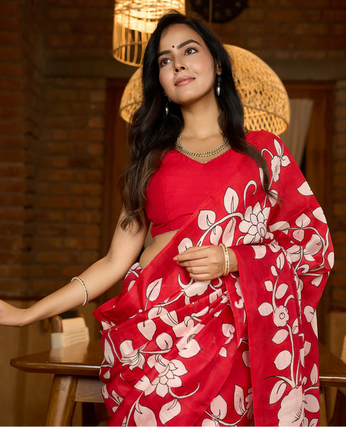 PURE SILK SAREE FEATURING TIMELESS KALAMKARI FLORAL ARTWORK