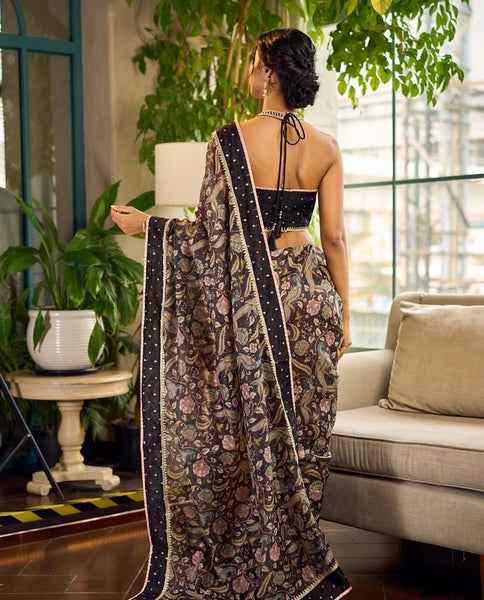 Mystic Black Kalamkari Print Chanderi Saree with Dotted Border & Pink Hem