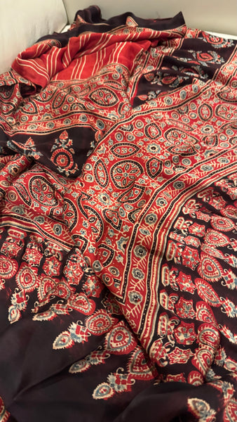 BLOCK PRINTED MAROON MODAL SILK AJRAKH SAREE