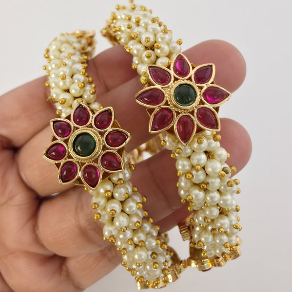 Set of 2 Pearl Ruby Emerald Gold Kemp Openable Bangles