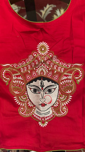 Red Cotton Elbow Sleeve Durga Embroidered Blouse on Back