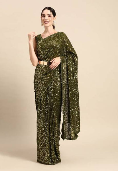 Olive Green Georgette Sequins Saree
