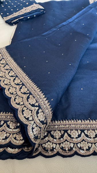 Midnight Blue Tussar Silk Saree with Zardosi Border