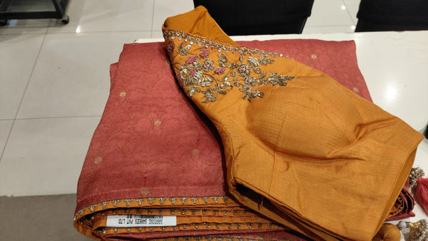 Coral Pink and Orange Katan Tanchoi Silk Saree