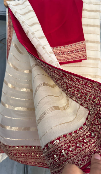 White and Red Georgette Chiffon Zardosi Saree