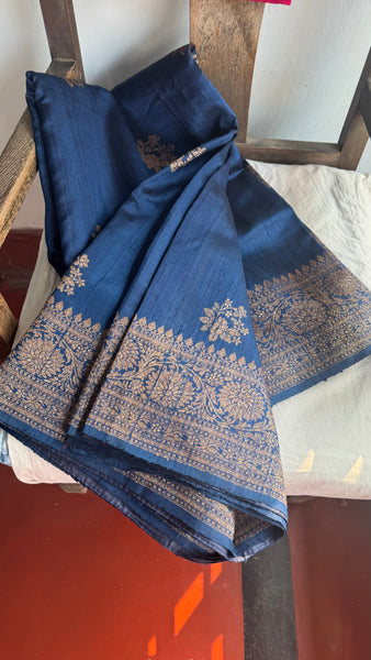 Deep Blue Banarasi Tussar Silk Saree with Antique Zari!