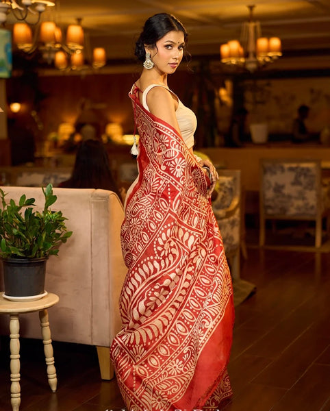 Red & Ivory Batik Saree