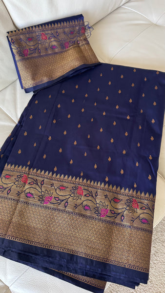 Deep Blue and Gold Handloom Silk Saree with Floral Border