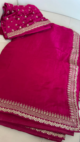 Fuchsia Pink Crepe Silk Saree with Zardosi Border