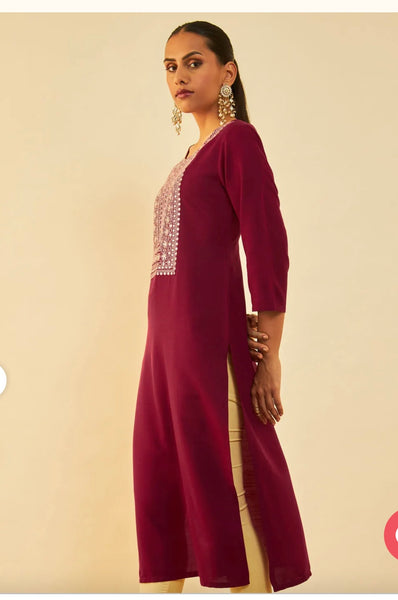 Wine Viscose Blend Straight Kurta with Sequin Embroidered Yoke