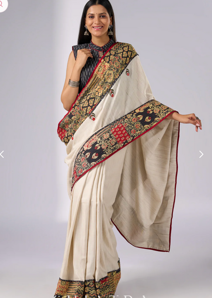 Off white cotton saree with patch work prints & hand painted motifs