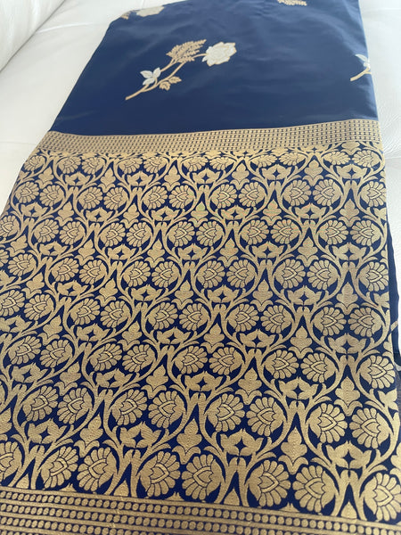 Deep Blue and Gold Soft Silk Saree with Floral Design