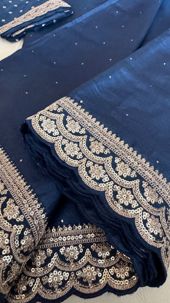 Midnight Blue Tussar Silk Saree with Zardosi Border