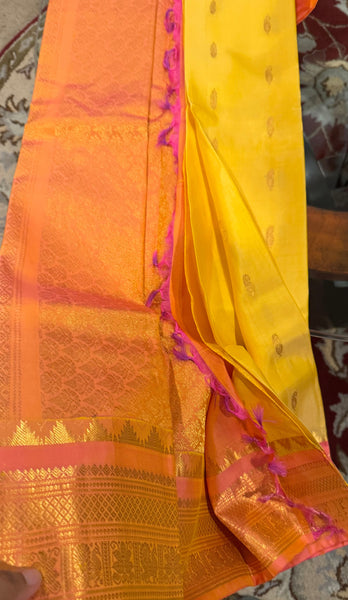 Yellow and Coral Pink Pure Silk Handloom Gadwal Saree