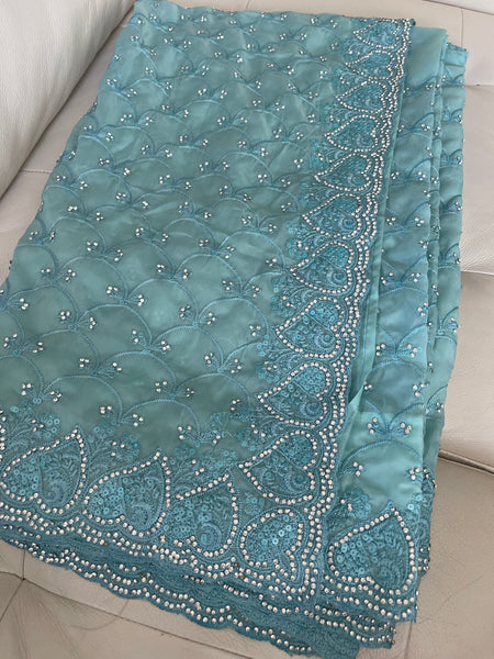 Teal Sky Blue Georgette Silk Saree with Crystals