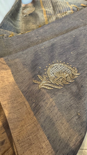 Dual Tone Grey Silver Gold Tone Tissue Linen Saree