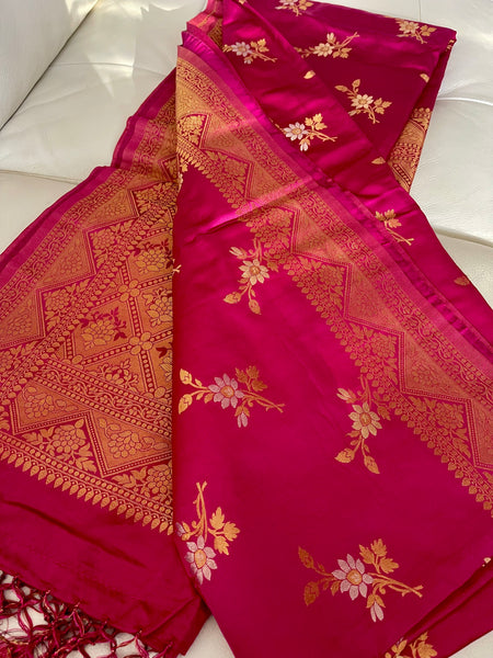 Rani Hot Pink Soft Floral Silk Saree