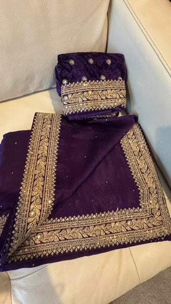 Purple Crepe Silk Sarees with Sabyasachi Border with Velvet Blouse