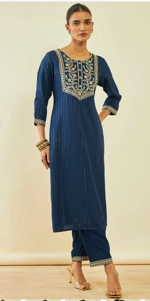 Blue Rayon Floral Embroidered Round-Neck Straight Kurta Set