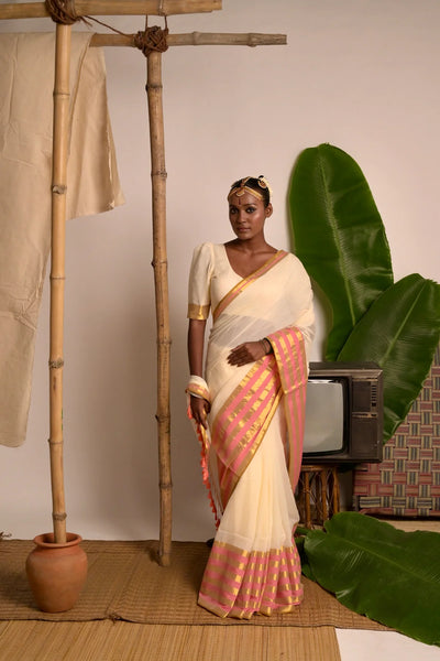 Cream White Cotton Saree with Pink and Golden Striped Border
