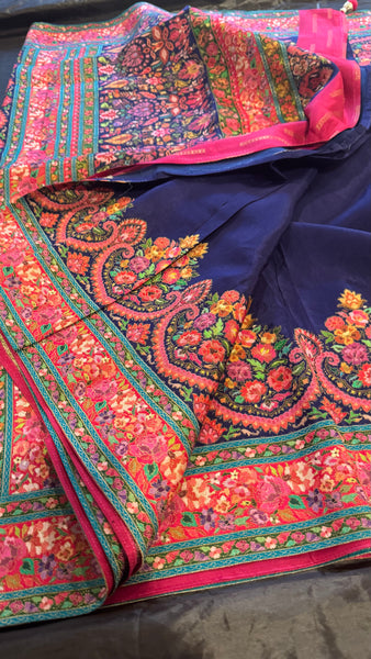 Navy Blue and Pink Kani Saree with Golden Zari