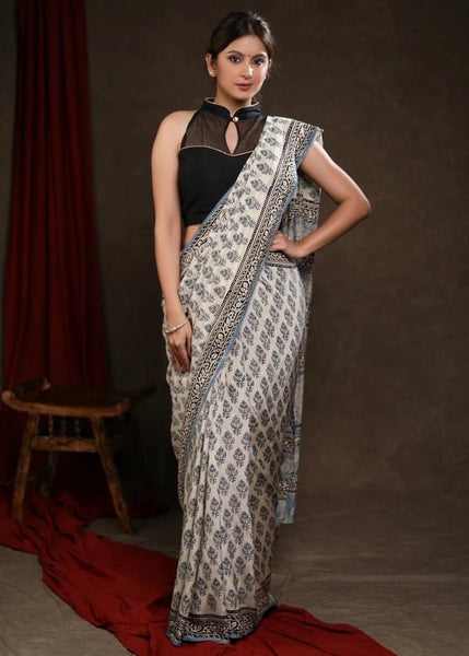 FAKIRA PRINT CREAM & LIGHT BLUE MODAL SAREE