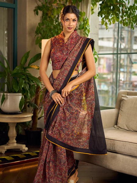 Rust-Brown Chanderi Kalamkari Floral Chanderi Saree with Contrast Black Pallu