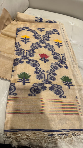 Navy Blue Handwoven Pure Tussar Silk Jamdani Saree