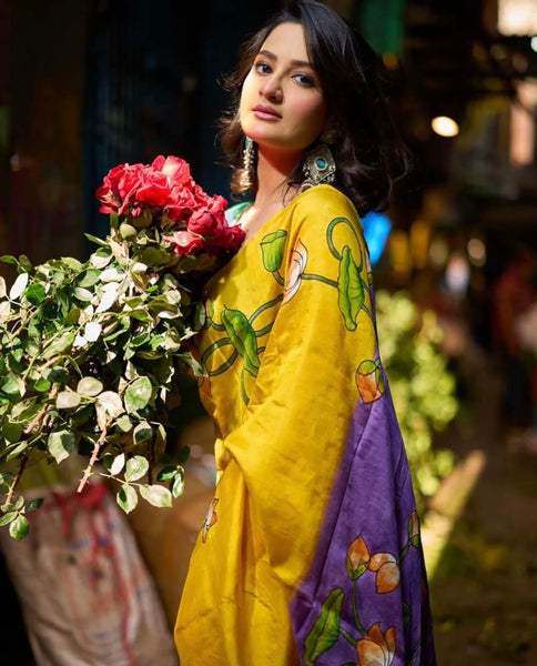 Mustard & Purple Bishnupuri Silk Saree with Handcrafted Floral Motifs