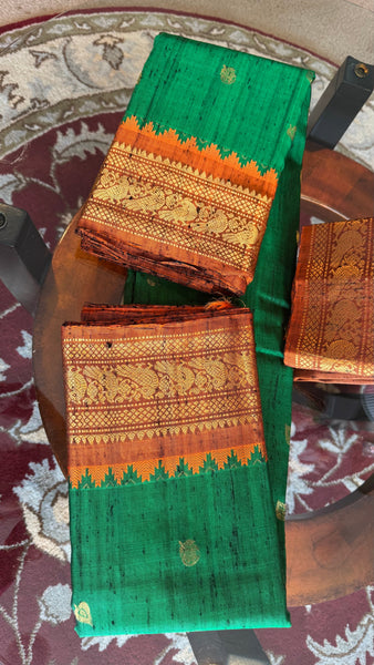 Green and Orange Pure Handloom Raw Gadwal Silk Saree