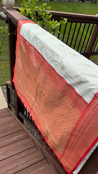 Off White and Red Soft Silk Saree with Readmade Blouse